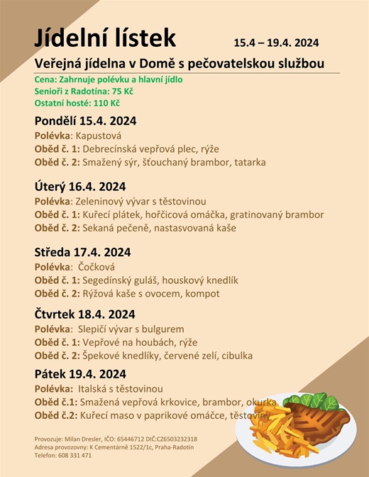 Menu veřejné jídelny v domě s pečovatelskou službou od 15. do 19. dubna 2024