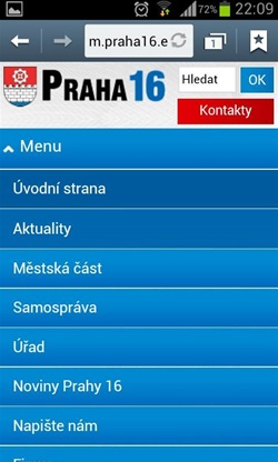 Hlavní menu webu m.praha16.eu.