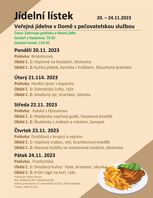 Jídelní menu v domě s pečovatelskou službou, od 20. do 24. listopadu 2023