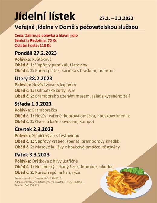 Jídelní menu v domě s pečovatelskou službou, od od 27.2. do 3.3.2023