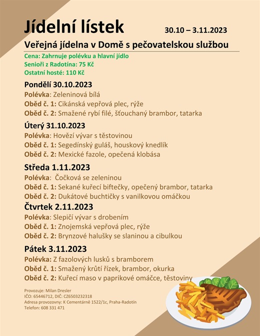 Jídelní menu v domě s pečovatelskou službou, od 30. října do 3. listopadu 2023