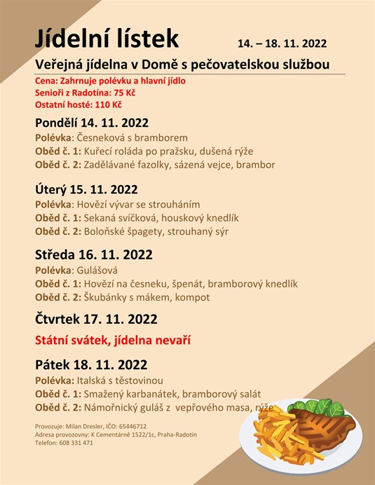 Menu veřejné jídelny domu s pečovatelskou službou, 14. - 18.11.2022