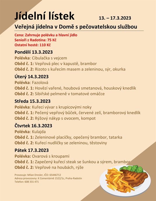 Jídelní menu v domě s pečovatelskou službou, od 13. do 17.3.2023